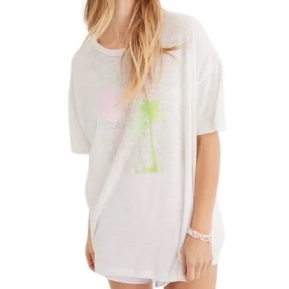 Aerie Linen Blend White Graphic Palm Tree Tee Sz XSmall‎ Beach 🏝️
